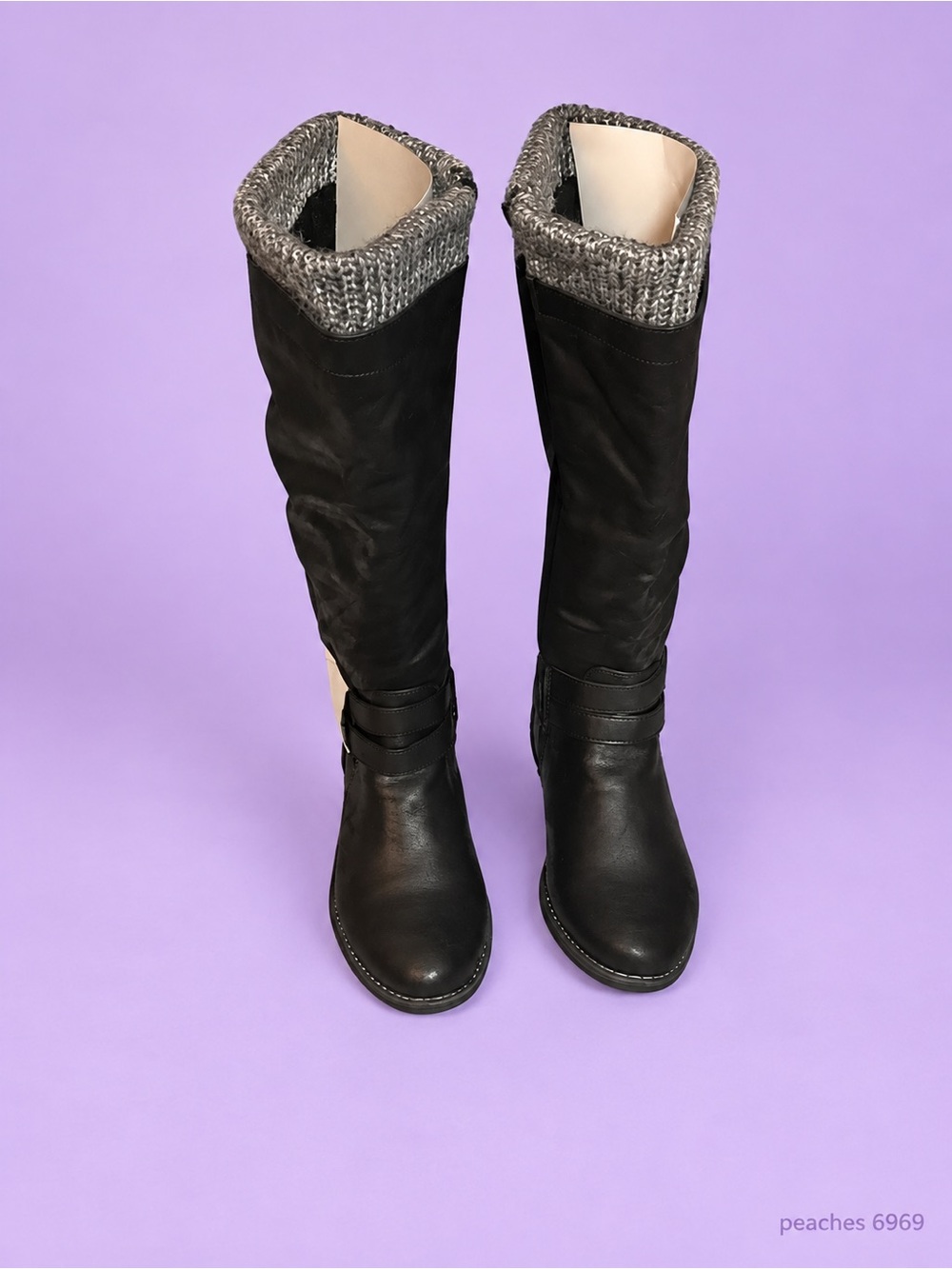 Gorgeous Wide calf Black Knee-high  Boots with Gray Knit Cuff